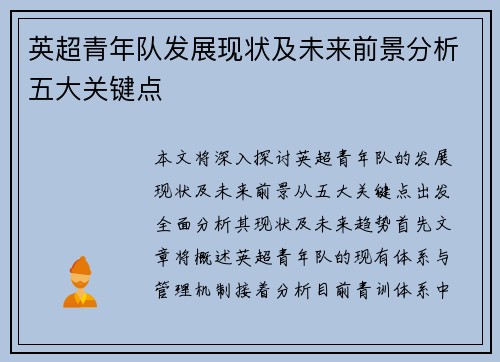 英超青年队发展现状及未来前景分析五大关键点