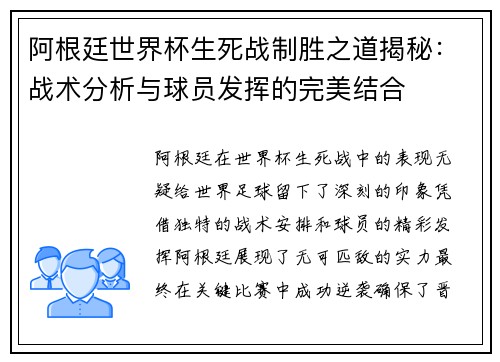 阿根廷世界杯生死战制胜之道揭秘：战术分析与球员发挥的完美结合