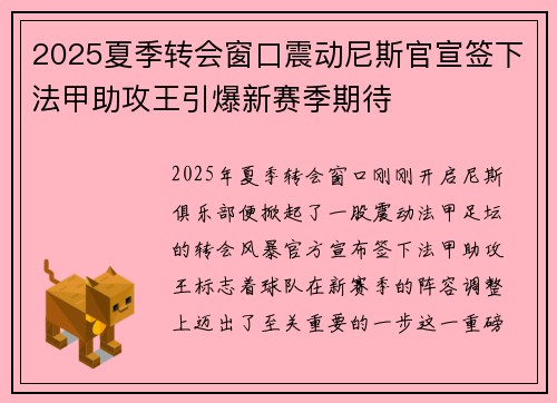 2025夏季转会窗口震动尼斯官宣签下法甲助攻王引爆新赛季期待 2025夏季转会窗口震动尼斯官宣签下法甲助攻王引爆新赛季期待