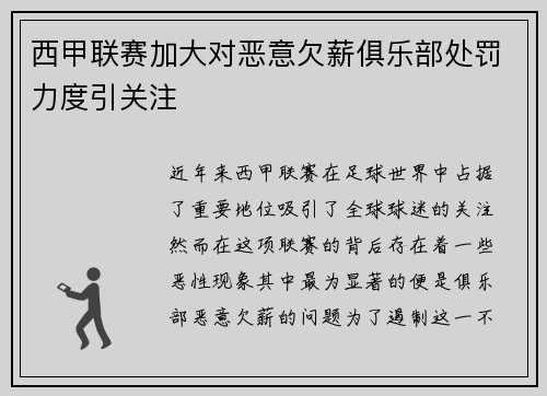 西甲联赛加大对恶意欠薪俱乐部处罚力度引关注 西甲联赛加大对恶意欠薪俱乐部处罚力度引关注