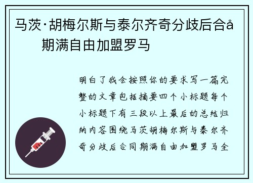 马茨·胡梅尔斯与泰尔齐奇分歧后合同期满自由加盟罗马 马茨·胡梅尔斯与泰尔齐奇分歧后合同期满自由加盟罗马